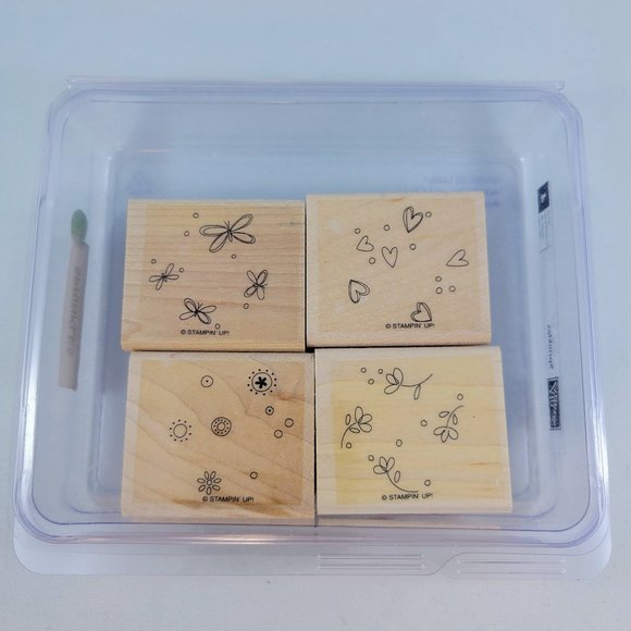 Wood Stamp Set Stampin’ Up! Sprinkles Background Butterfly Heart Flower Paper - Picture 3 of 7